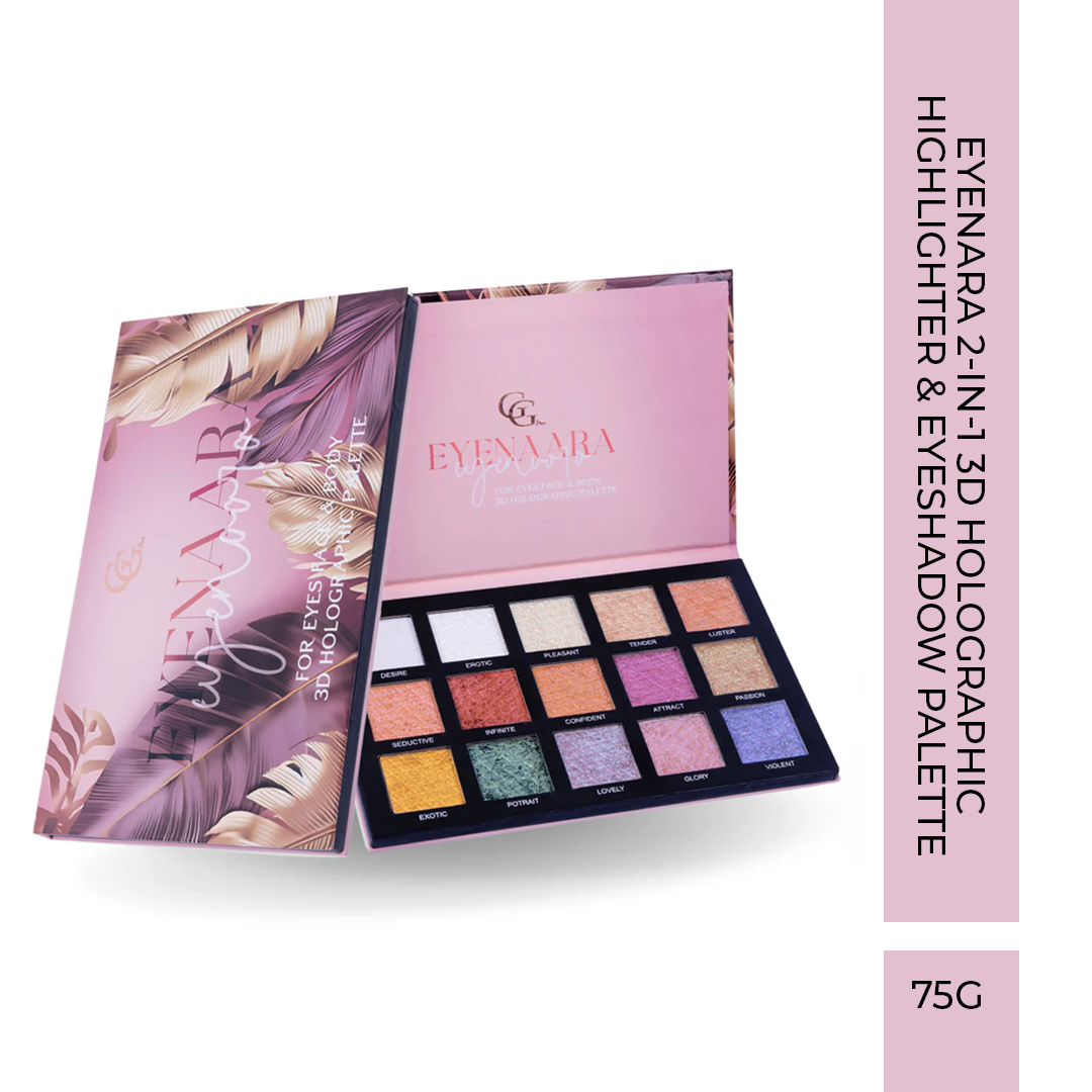 EYENARA 2-in-1 3D Holographic Highlighter & Eyeshadow Palette | 15 Highly Pigmented Shades, 75g